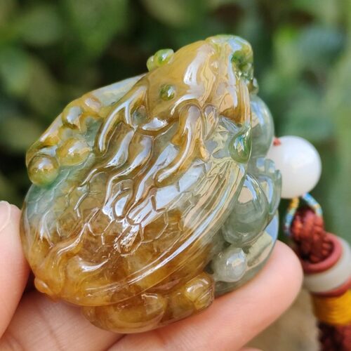 a hand holding a small green and yellow frog