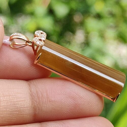 金のペンダントを持った手