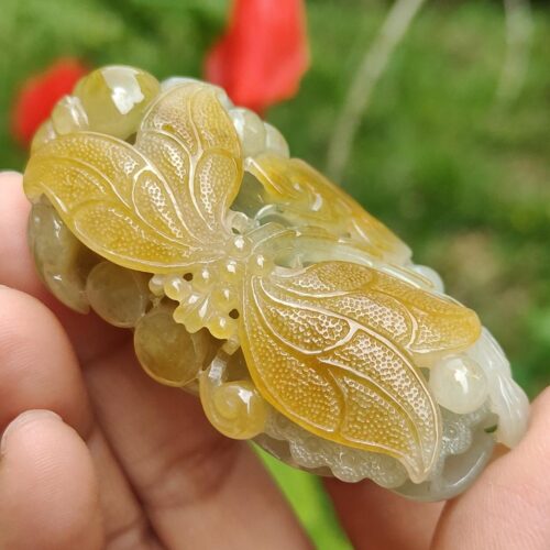 a hand holding a stone with a butterfly design