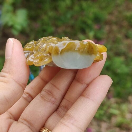 a hand holding a small yellow and white stone