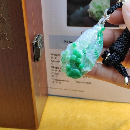 a hand holding a green and white pendant