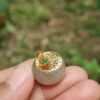 a hand holding a small round object with a gold and green stone