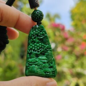 Dark Green Natural Type A Jadeite carved with scenery pendant