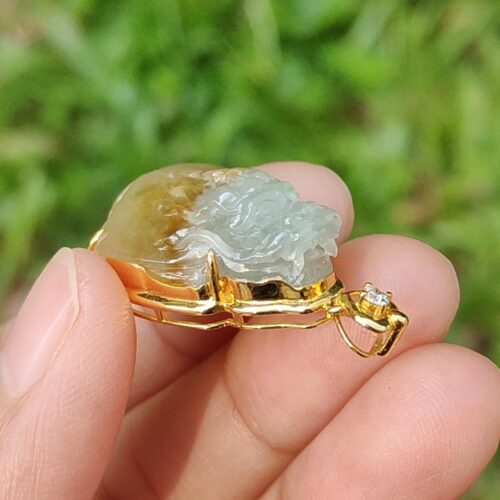 a hand holding a gold pendant with a stone in the shape of a brain
