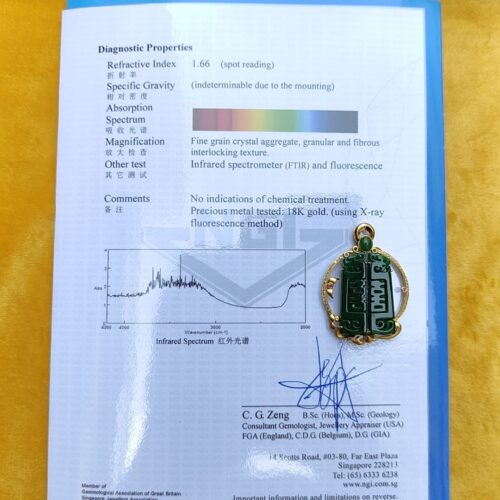 a piece of paper with a green brooch on it