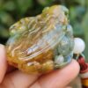 a hand holding a small frog shaped stone