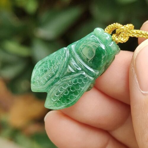 a hand holding a green stone insect pendant
