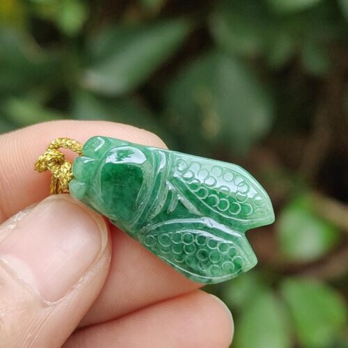 a hand holding a jade insect pendant