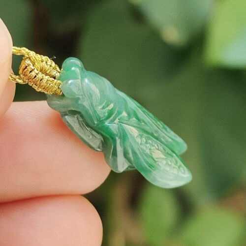 a hand holding a green insect pendant - Cicada