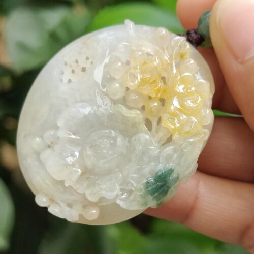 Colgante de jadeíta natural de estilo antiguo de la escuela elaborado con flores en amarillo y verde Imagen 9