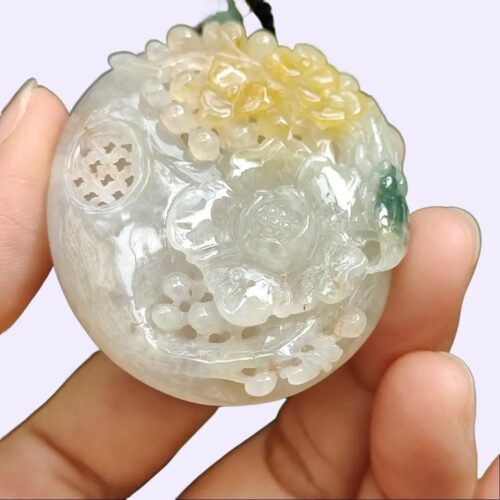 Colgante de jadeíta natural de estilo antiguo de la escuela elaborado con flores en amarillo y verde, imagen 9