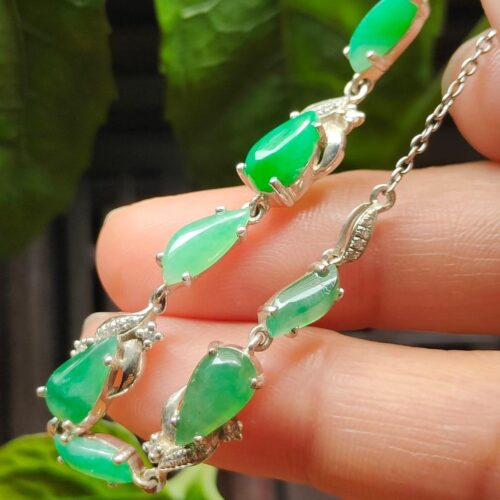 Seven Green Cabochons set on S925 Silver as Bracelet - Natural Jadeite Jade - Image 5