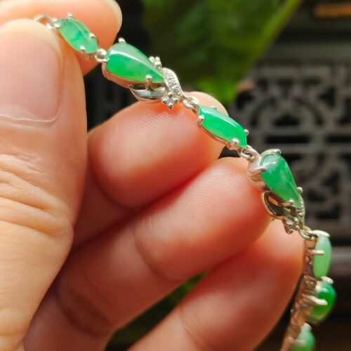 Seven Green Cabochons set on S925 Silver as Bracelet - Natural Jadeite Jade - Image 4
