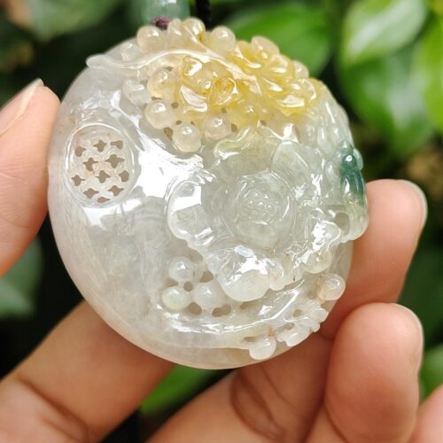 Colgante de jadeíta natural de estilo antiguo de la escuela elaborado con flores en amarillo y verde Imagen 9