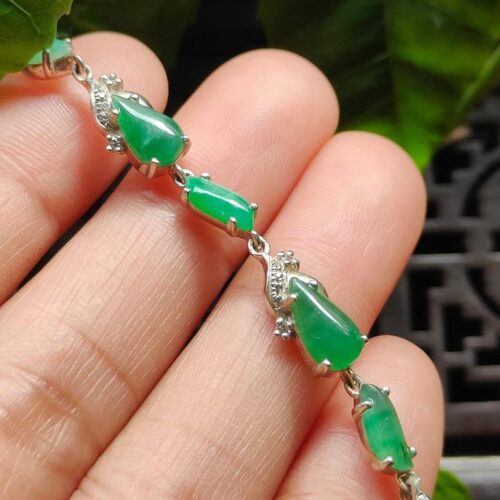 Seven Green Cabochons set on S925 Silver as Bracelet - Natural Jadeite Jade - Image 2