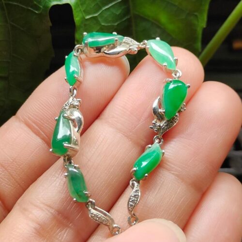 Seven Green Cabochons set on S925 Silver as Bracelet - Natural Jadeite Jade - Image 7