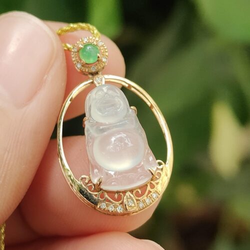18k gold setting icy buddha and 1 green cabochon image 4