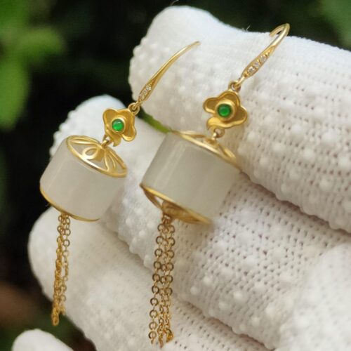 Harmony Cylinder Earrings 18k gold Jadeite - Jalan Meragi Park Simei HDB Playground YPQ Certified Natural View test passed 1