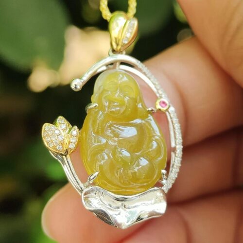 18K Gold Set Laughing Buddha Jade Pendant - location: Simei - Y.P.Q Certified Test Approved 2
