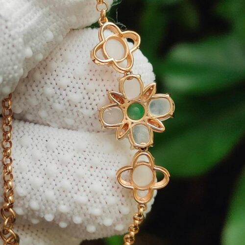 7 Cabochons with 1 Green and 6 Icy Translucent High Quality 18k Gold Flower designed bracelet ⚗- #Y.P.Q - Meragi Park Jadeite Testing Ground - 40 Meragi Rd, Singapore 487917 ⚗ with SSS Reflection Passed Test 7