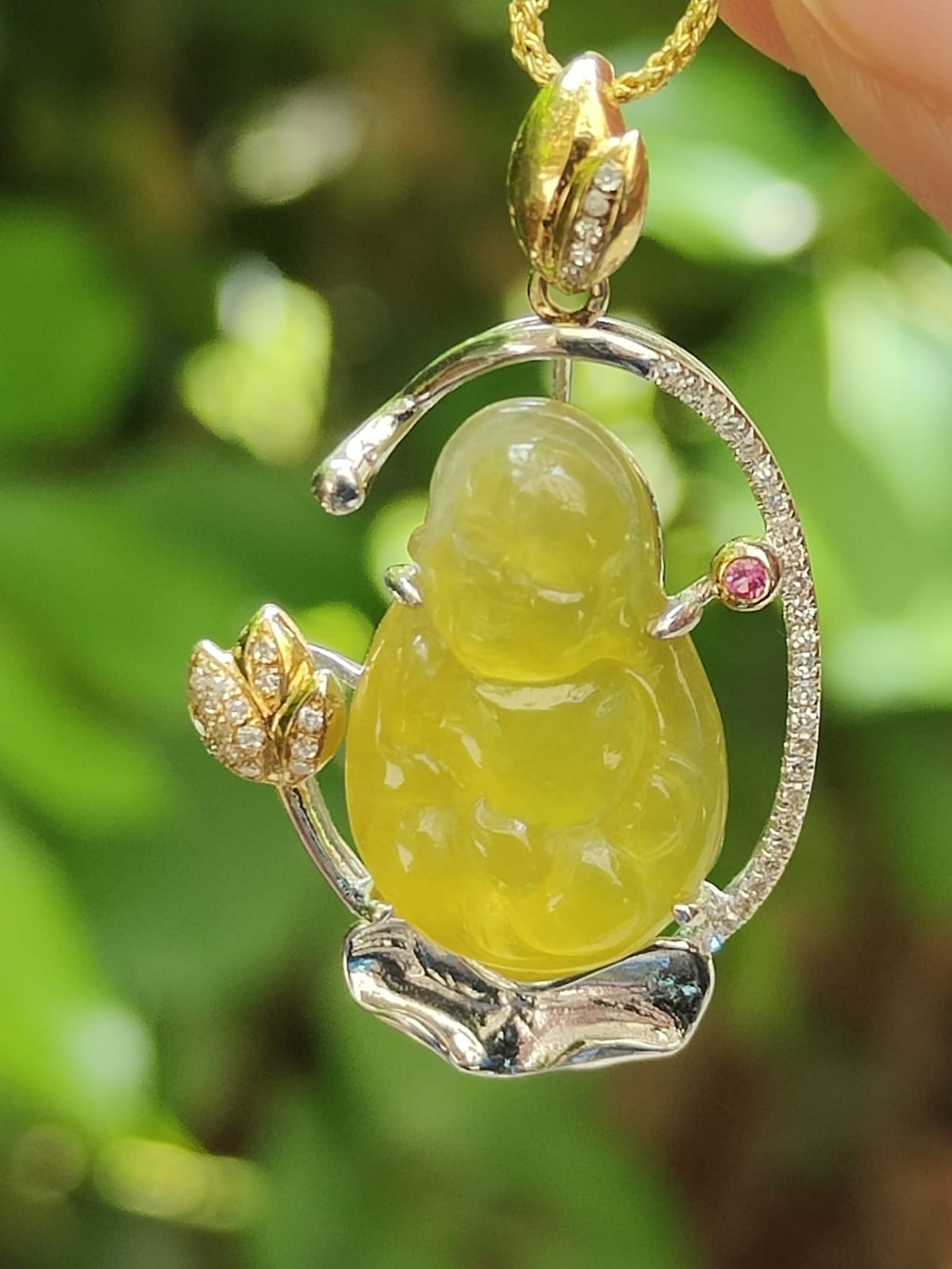 18K Gold Set Laughing Buddha Jade Pendant