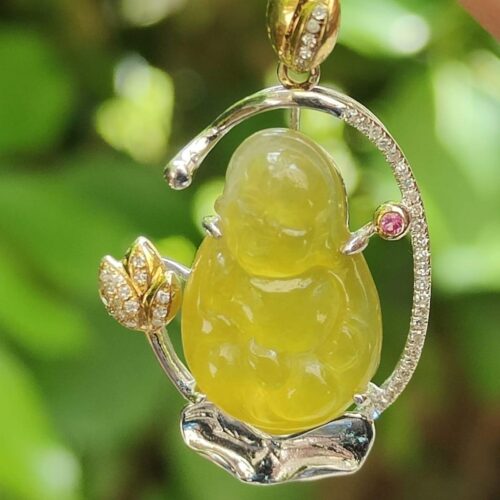 18K Gold Set Laughing Buddha Jade Pendant - location: Simei - Y.P.Q Certified Test Approved 10