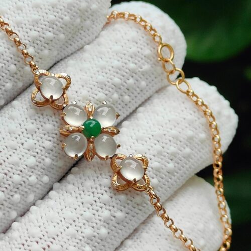 7 Cabochons with 1 Green and 6 Icy Translucent High Quality 18k Gold Flower designed bracelet ⚗- #Y.P.Q - Meragi Park Jadeite Testing Ground - 40 Meragi Rd, Singapore 487917 ⚗ with SSS Reflection Passed Test 5