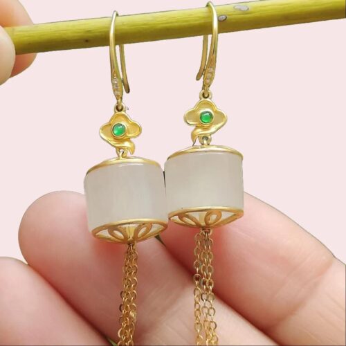 Harmony Cylinder Earrings 18k gold Jadeite - Jalan Meragi Park Simei HDB Playground YPQ Certified Natural View test passed 7