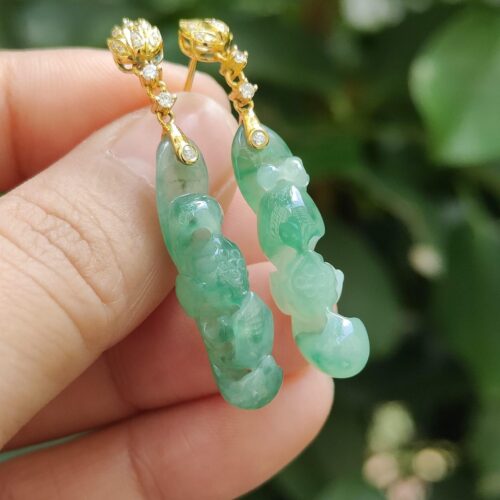 Light green with green patches stud earrings 18k gold with diamonds image 3