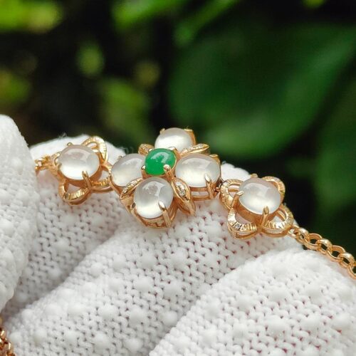 7 Cabochons with 1 Green and 6 Icy Translucent High Quality 18k Gold Flower designed bracelet ⚗- #Y.P.Q - Meragi Park Jadeite Testing Ground - 40 Meragi Rd, Singapore 487917 ⚗ with SSS Reflection Passed Test 4