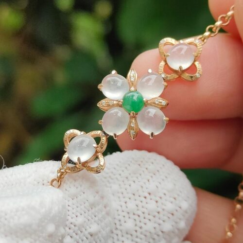 7 Cabochons with 1 Green and 6 Icy Translucent High Quality 18k Gold Flower designed bracelet ⚗- #Y.P.Q - Meragi Park Jadeite Testing Ground - 40 Meragi Rd, Singapore 487917 ⚗ with SSS Reflection Passed Test 6