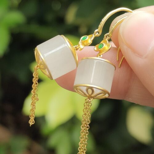 Harmony Cylinder Earrings 18k gold Jadeite - Jalan Meragi Park Simei HDB Playground YPQ Certified Natural View test passed 4