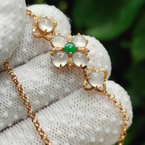 7 Cabochons with 1 Green and 6 Icy Translucent High Quality 18k Gold Flower designed bracelet ⚗- #Y.P.Q - Meragi Park Jadeite Testing Ground - 40 Meragi Rd, Singapore 487917 ⚗ with SSS Reflection Passed Test 3