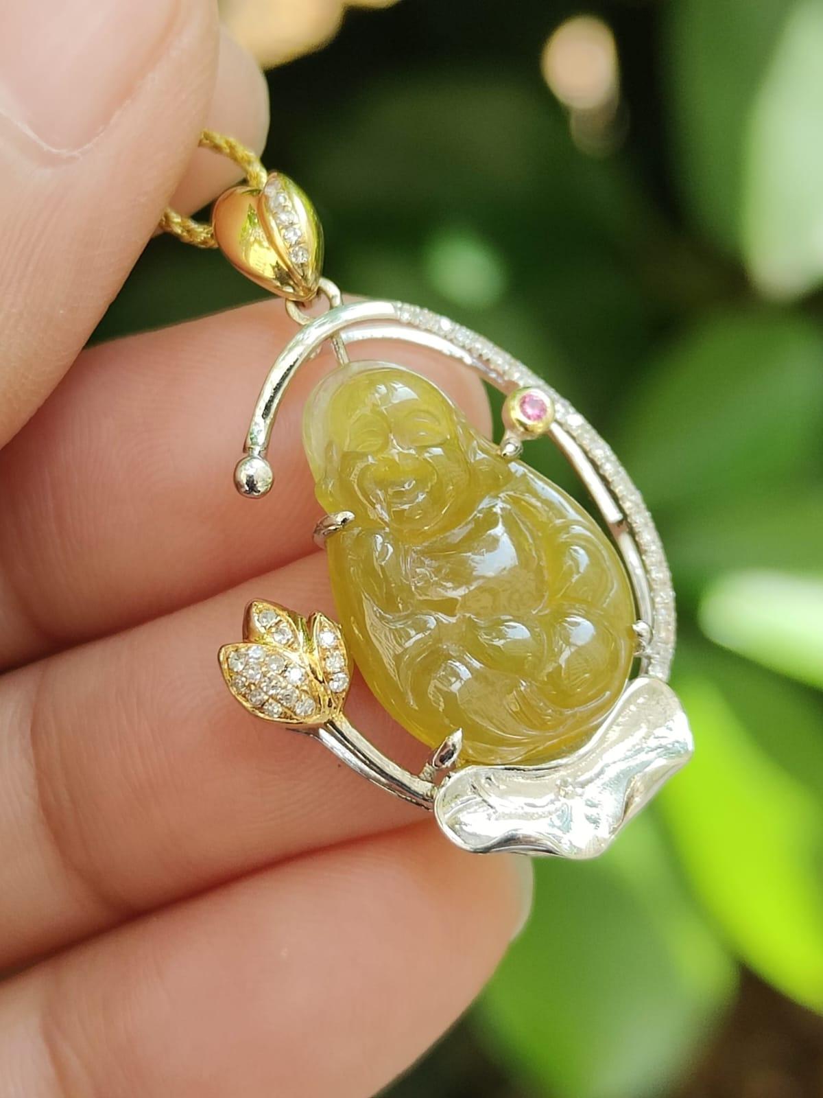 18K Gold Set Laughing Buddha Jade Pendant