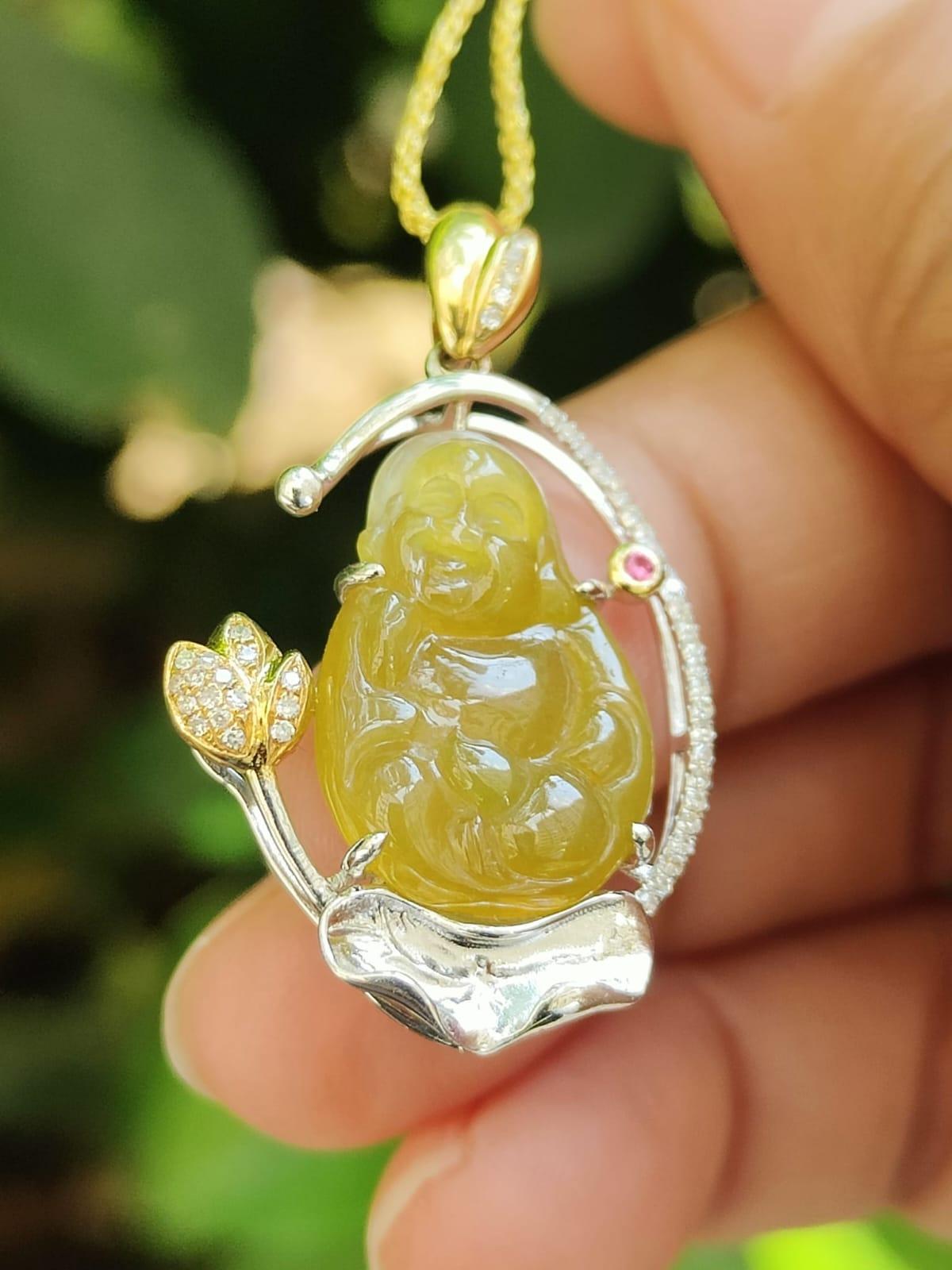 18K Gold Set Laughing Buddha Jade Pendant