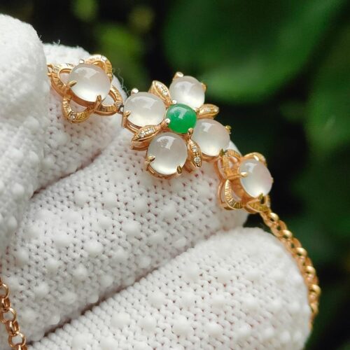 7 Cabochons with 1 Green and 6 Icy Translucent High Quality 18k Gold Flower designed bracelet ⚗- #Y.P.Q - Meragi Park Jadeite Testing Ground - 40 Meragi Rd, Singapore 487917 ⚗ with SSS Reflection Passed Test 1